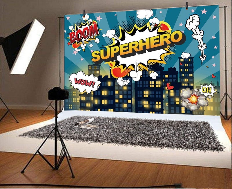Yeele 7x5ft Little Superhero Backdrop Comic City Night Scene Building Background for Photography Boy Girl Children Birthday Baby Shower Party Banner Photo Booth YouTube Video Shoot Studio Props - Image 1
